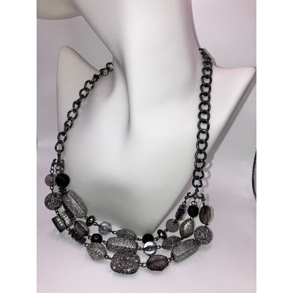 3 Tier Sparkly Silver-Tone, Gray & Clear Beaded Chain 24.5" Necklace! - Picture 6 of 11